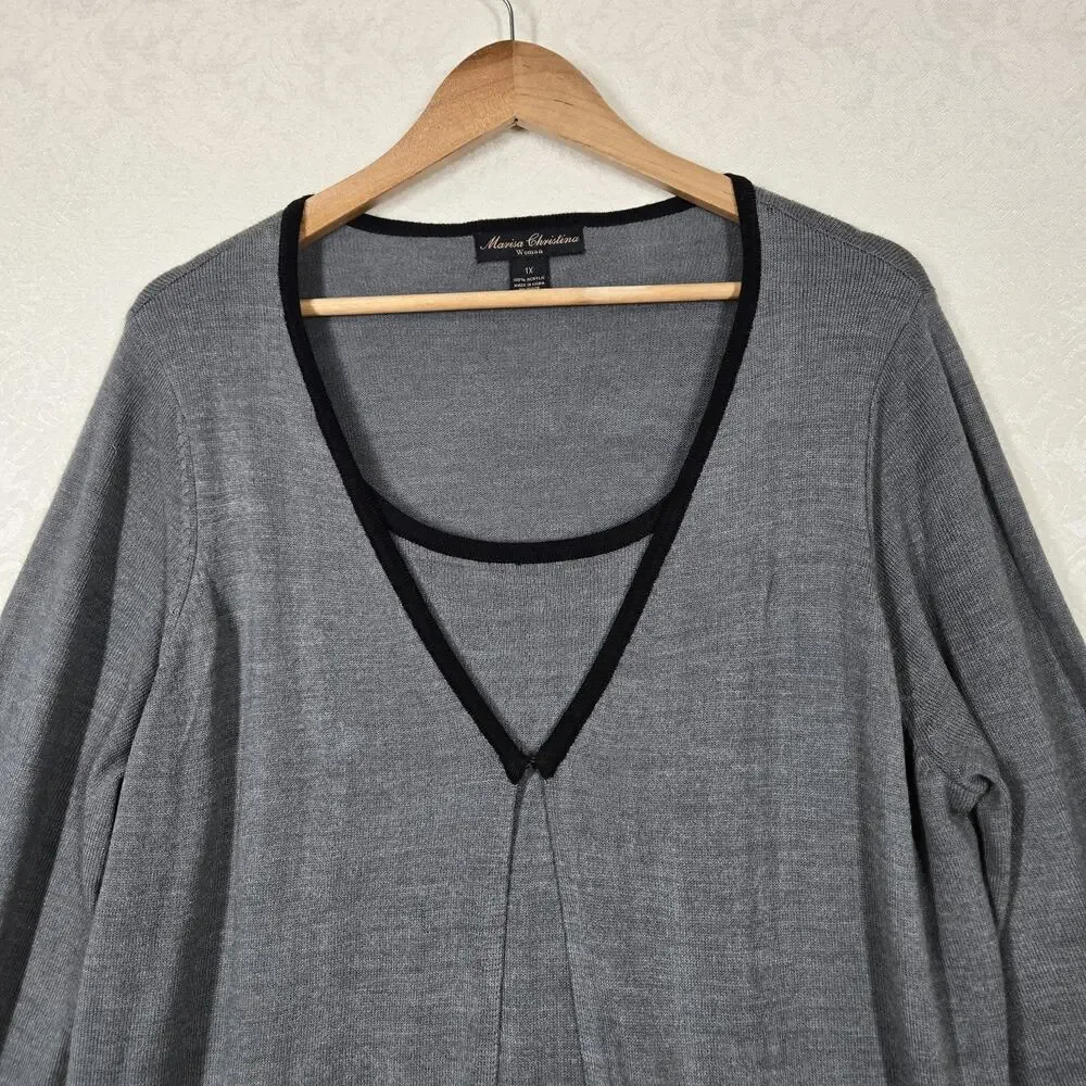 Marisa Christina Longline Cardigan Sweater sz 1X Gray Black Attached Tank Career